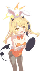 Rule 34 | 1girl, absurdres, animal ears, black horns, black pantyhose, black tail, black wings, blonde hair, blue archive, blush, bow, bowtie, demon horns, demon tail, demon wings, detached collar, fake animal ears, fake tail, feet out of frame, halo, highres, holding, holding tray, horns, ibuki (blue archive), leotard, long hair, open mouth, orange bow, orange bowtie, orange leotard, pantyhose, rabbit ears, rabbit tail, refia (lollipop star), side ponytail, simple background, smile, solo, strapless, strapless leotard, tail, tray, white background, wings, wrist cuffs, yellow eyes, yellow halo