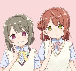 Rule 34 | 2girls, bow, bowtie, chestnut mouth, commentary request, dot nose, grin, hair bun, hair ornament, hairclip, hand up, height difference, highres, index finger raised, light blush, light brown hair, looking at viewer, love live!, love live! nijigasaki high school idol club, multiple girls, nakasu kasumi, orange hair, pink background, pink bow, pink bowtie, pink eyes, shirt, short hair, short sleeves, single side bun, smile, tonpon, uehara ayumu, upper body, vest, white shirt, wing collar, yellow bow, yellow bowtie, yellow eyes, yellow vest