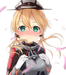 Rule 34 | 10s, 1girl, aqua eyes, blonde hair, blush, cross, gloves, hat, highres, iron cross, kantai collection, looking at viewer, low twintails, max melon, prinz eugen (kancolle), revision, smile, solo, twintails, upper body, white background, white gloves