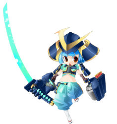 Rule 34 | armor, blue hair, helmet, katana, midriff, original, ryao, short hair, solo, sword, tabi, weapon
