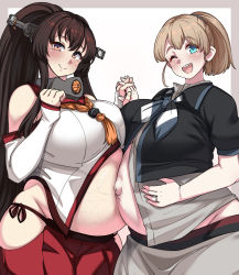 Rule 34 | 2girls, alternate breast size, belly-to-belly, big belly, black shirt, blue eyes, blue neckerchief, breasts, brown hair, cowboy shot, detached sleeves, grey neckerchief, hand on own stomach, headgear, highres, hip vent, holding hands, huge breasts, intrepid (kancolle), jewelry, kantai collection, konoshige (ryuun), long hair, long sleeves, miniskirt, multicolored neckwear, multiple girls, neckerchief, one eye closed, pleated skirt, ponytail, pregnant, red skirt, ring, shirt, short hair, skirt, standing, veiny stomach, wedding band, white neckerchief, white shirt, yamato (kancolle)