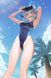 Rule 34 | 1girl, absurdres, animal ear fluff, animal ears, black one-piece swimsuit, blue archive, blue eyes, blue sky, breasts, cloud, competition swimsuit, covered navel, cross hair ornament, day, doufu (pixiv9093484), extra ears, feet out of frame, fish, from below, grey hair, hair ornament, halo, highleg, highleg swimsuit, highres, looking at viewer, low ponytail, medium breasts, medium hair, mismatched pupils, mouth hold, multicolored clothes, multicolored swimsuit, official alternate costume, one-piece swimsuit, outdoors, palm tree, shiroko (blue archive), shiroko (swimsuit) (blue archive), sky, snorkel, solo, standing, swimsuit, tree, wolf ears
