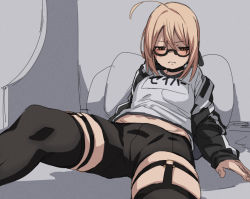 Rule 34 | 1girl, ahoge, artoria pendragon (fate), black-framed eyewear, blonde hair, blush, choker, fate/grand order, fate (series), frown, fu-ta, groin, jacket, jacket on shoulders, lying, midriff peek, mysterious heroine x alter (fate), mysterious heroine x alter (second ascension) (fate), navel, on back, pouch, reclining, semi-rimless eyewear, short hair, short shorts, shorts, solo, thigh strap, thighhighs, thighs, under-rim eyewear, yellow eyes