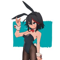 Rule 34 | 1girl, 320 (romsen), alternate costume, animal ears, bad id, bad twitter id, black hair, black leotard, black pantyhose, blush, bow, bowtie, breasts, cleavage, closed mouth, collar, commentary, covered navel, cowboy shot, detached collar, fake animal ears, fake tail, frown, groin, hand on own ear, highleg, highleg leotard, highres, kill la kill, leotard, matoi ryuuko, medium breasts, multicolored hair, pantyhose, playboy bunny, rabbit ears, rabbit tail, red bow, red bowtie, short hair, simple background, solo, standing, strapless, strapless leotard, streaked hair, sweatdrop, tail, thighs, twitter username, two-tone hair, white collar, wrist cuffs