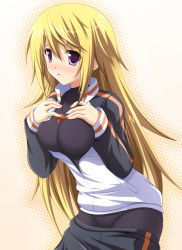 Rule 34 | 10s, 1girl, blonde hair, blush, charlotte dunois, clothes pull, highres, infinite stratos, jewelry, long hair, pants, pants pull, pendant, purple eyes, purple hair, solo, track suit, tsuda akira, uniform