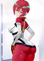 1girl absurdres amate_yuzuriha aqua_eyes arched_back ass blurry blurry_background blush bodysuit breasts closed_mouth covered_erect_nipples embarrassed gundam gundam_gquuuuuux hair_between_eyes highres looking_at_viewer medium_breasts nakamura_yukitoshi red_bodysuit red_hair short_hair sidelocks skin_tight standing two-tone_bodysuit watermark white_bodysuit