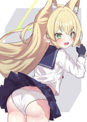 1girl absurdres animal_ear_fluff animal_ears ass black_gloves blonde_hair blue_archive blue_sailor_collar blue_skirt cowboy_shot fang fox_ears from_behind gloves green_eyes green_halo halo highres kainekodash kurumi_(blue_archive) long_hair long_sleeves looking_at_viewer looking_back open_mouth panties sailor_collar school_uniform shirt skin_fang skirt solo underwear v-shaped_eyebrows white_panties white_shirt