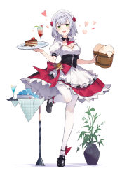 Rule 34 | 1girl, absurdres, apron, ascot, black footwear, breasts, cake, cake slice, chinese commentary, commentary request, corset, cup, detached sleeves, dress, drinking glass, food, full body, genshin impact, highres, holding, holding cup, holding plate, looking at viewer, medium breasts, noelle (genshin impact), noelle (sweets paradise) (genshin impact), pantyhose, plant, plate, potted plant, puffy short sleeves, puffy sleeves, red ascot, red dress, shirt, shoes, short hair, short sleeves, solo, standing, standing on one leg, table, white apron, white pantyhose, white shirt, yajuu