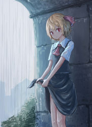 Rule 34 | 1girl, ascot, black skirt, black vest, blonde hair, cloud, cloudy sky, commentary request, feet out of frame, frilled shirt collar, frills, grey sky, hair between eyes, hair ribbon, head tilt, highres, looking at viewer, plant, rain, red ascot, red eyes, red ribbon, ribbon, roke (taikodon), rumia, shirt, short hair, short sleeves, skirt, sky, solo, standing, touhou, vest, wet, white shirt, wringing, wringing clothes, wringing skirt