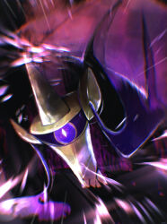 Rule 34 | aegislash, arm up, bright pupils, colored sclera, creatures (company), emphasis lines, game freak, gen 6 pokemon, looking at viewer, motion blur, nintendo, no humans, one-eyed, partially submerged, pokemon, pokemon (creature), purple eyes, purple sclera, purple theme, reaching, reaching towards viewer, rize (r), solo, sword, weapon, white pupils
