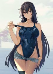 Rule 34 | 1girl, black hair, black thighhighs, blue one-piece swimsuit, blurry, blurry background, breasts, brown eyes, clothes pull, collarbone, competition swimsuit, denim, denim shorts, hair between eyes, highleg, highleg swimsuit, highres, kantai collection, kasumi (skchkko), large breasts, long hair, looking at viewer, nagato (kancolle), one-piece swimsuit, open clothes, open shorts, shorts, shorts pull, single thighhigh, solo, strap pull, swimsuit, swimsuit under clothes, thighhighs, very long hair, wet, wet clothes, wet swimsuit