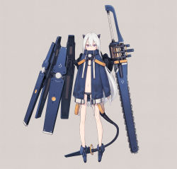 Rule 34 | 1girl, beige background, chainsaw, covered mouth, full body, grey hair, gun, hair between eyes, handgun, highres, jacket, legs apart, long hair, looking at viewer, mecha musume, navel, open clothes, open jacket, original, poco (asahi age), purple eyes, revolver, simple background, skinny, solo, standing, suspenders, sword, tail, weapon