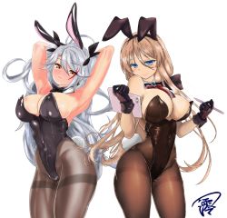 Rule 34 | 2girls, absurdres, animal ears, arms behind head, azur lane, bismarck (azur lane), black gloves, black leotard, blue eyes, bow, bowtie, breasts, cleavage, contrapposto, detached collar, fake animal ears, fake tail, gloves, grey hair, hair between eyes, highleg, highleg leotard, highres, large breasts, leotard, light brown hair, long hair, multicolored hair, multiple girls, oversized breast cup, pantyhose, playboy bunny, prinz eugen (azur lane), rabbit ears, rabbit tail, red hair, simple background, strapless, strapless leotard, streaked hair, tail, thighband pantyhose, traditional bowtie, tsukinoha mio, two-tone hair, white background, wrist cuffs, yellow eyes