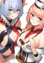 Rule 34 | 2girls, :q, after paizuri, akagi kurage, asymmetrical docking, augusta (sennen sensou aigis), bare shoulders, between breasts, black gloves, blue eyes, blue hair, blush, breast press, breasts, breasts squeezed together, cleavage, cleavage cutout, clothing cutout, facepaint, gloves, hair between eyes, hair ornament, hat, highres, huge breasts, multiple girls, navel, necktie, necktie between breasts, off shoulder, pink hair, red neckwear, risley (sennen sensou aigis), saliva, see-through, sennen sensou aigis, simple background, smile, suggestive fluid, tongue, tongue out, upper body, white background