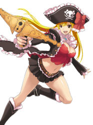 Rule 34 | 1girl, blonde hair, boots, bow, bow (weapon), breasts, brown eyes, bustier, captain liliana, captain liliana (cosplay), cleavage, cosplay, crossbow, dream c club, dream c club (series), frills, hat, jolly roger, karubi, knee boots, large breasts, legs, lingerie, mian (dream c club), midriff, miniskirt, navel, open mouth, pirate, pirate hat, pleated skirt, queen&#039;s blade, queen&#039;s blade rebellion, skirt, skull and crossbones, skull and crossed swords, solo, thighs, twintails, underwear, weapon