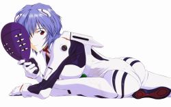 Rule 34 | 1girl, alternate breast size, arm support, ass, ayanami rei, blue hair, bodysuit, bracer, breast press, breasts, dimples of venus, folded, from side, gloves, hair between eyes, hair ornament, headgear, highres, holding, holding mask, interface headset, lilith (evangelion), looking at viewer, looking back, lying, mask, unworn mask, neon genesis evangelion, non-web source, on stomach, one eye covered, pale skin, pilot suit, plugsuit, red eyes, short hair, simple background, skin tight, smile, solo, turtleneck, wallpaper, white background