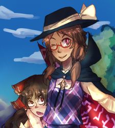 Rule 34 | 2girls, angry, bow, brown eyes, brown hair, cape, clothes writing, cloud, day, detached sleeves, glasses, hair bow, hair tubes, hakurei reimu, hat, hat bow, headlock, long hair, long sleeves, low twintails, meu, multiple girls, one eye closed, open mouth, red-framed eyewear, school uniform, sky, smile, touhou, twintails, usami sumireko