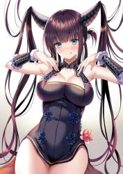 Rule 34 | 1girl, bad id, bad pixiv id, bare shoulders, black dress, blue eyes, blunt bangs, blush, breasts, china dress, chinese clothes, cleavage, closed mouth, detached sleeves, dress, fate/grand order, fate (series), gradient background, hair ornament, harimoji, large breasts, licking lips, long hair, looking at viewer, purple hair, sidelocks, smile, solo, tongue, tongue out, twintails, very long hair, white background, yang guifei (fate), yang guifei (second ascension) (fate)