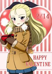 Rule 34 | 10s, 1girl, assam (girls und panzer), black pantyhose, black ribbon, blonde hair, blue eyes, blue skirt, blush, breath, brown scarf, coat, commentary request, cowboy shot, dated, english text, gift, girls und panzer, hair ribbon, happy valentine, heart, heart background, holding, holding gift, long hair, looking at viewer, miniskirt, mittens, nekota susumu, pantyhose, parted lips, pink background, plaid, plaid scarf, pleated skirt, ribbon, scarf, school uniform, skirt, smile, solo, st. gloriana&#039;s school uniform, standing, striped, striped background, valentine, winter clothes