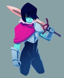 Rule 34 | 1other, armor, blue skin, colored skin, deltarune, gauntlets, gloves, grey background, hair over one eye, highres, holding, holding sword, holding weapon, kris (deltarune), looking at viewer, red eyes, scarf, shoulder armor, simple background, sword, weapon, za1f0n