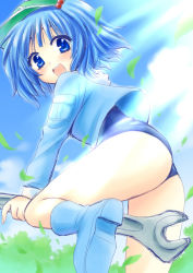 Rule 34 | 1girl, blue eyes, blue hair, female focus, hair bobbles, hair ornament, kawashiro nitori, matching hair/eyes, nature, no pants, one-piece swimsuit, outdoors, saki chisuzu, school swimsuit, short hair, sky, solo, swimsuit, swimsuit under clothes, touhou, twintails, two side up, wrench