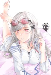 Rule 34 | 1girl, artist request, azur lane, barefoot, butterfly hair ornament, cat, derivative work, dunkerque (afternoon venus) (azur lane), dunkerque (afternoon venus) (azur lane), dunkerque (azur lane), eyewear on head, grey hair, hair ornament, highres, jacket, looking at viewer, lying, on bed, on stomach, pink eyes, simple background, sunglasses, sunglasses on head, tinted eyewear, white jacket
