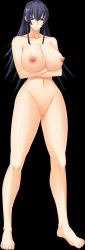 Rule 34 | 1girl, barefoot, black background, black hair, breasts, breasts out, censored, highres, long hair, mosaic censoring, nude, solo, standing, suzaku, toes