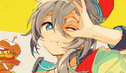 Rule 34 | 1boy, 4 (nakajima4423), blue eyes, blue jacket, blush, burger, closed mouth, ensemble stars!, food, green jacket, grey hair, holding, holding food, jacket, looking at viewer, male focus, multicolored background, multicolored clothes, multicolored jacket, ok sign, ok sign over eye, one eye closed, red headwear, red jacket, shiina niki, shirt, solo, star-shaped pupils, star (symbol), symbol-shaped pupils, white background, white shirt, yellow background