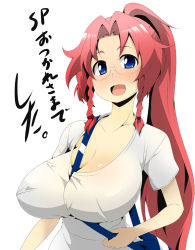 Rule 34 | 1girl, alternate hairstyle, bespectacled, between breasts, blue eyes, blush, braid, breasts, cleavage, female focus, glasses, hong meiling, huge breasts, long hair, open mouth, ponytail, red hair, sagging breasts, shirt, side braid, solo, strap between breasts, t-shirt, toudori, touhou, twin braids