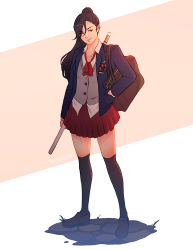 Rule 34 | 1girl, black hair, blazer, blouse, bow, contemporary, earrings, elezen, elf, final fantasy, final fantasy xiv, full body, hair between eyes, hand in pocket, hilda ware, hybrid, hyur, jacket, jewelry, koyorin, loafers, long hair, over-kneehighs, pleated skirt, pointy ears, ponytail, red bow, red eyes, red skirt, school uniform, shirt, shoes, simple background, skirt, smile, solo, standing, sword, thighhighs, two-tone background, untucked shirt, weapon, white shirt, wooden sword