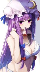 Rule 34 | 1girl, 7saki, bad id, bad pixiv id, bare shoulders, blue bow, blush, bow, bra, breasts, bubble tea challenge, chromatic aberration, cleavage, collarbone, commentary request, crescent, crescent hat ornament, cup, disposable cup, drinking, drinking straw, drinking straw in mouth, frilled bra, frills, hair bow, hand up, hat, hat ornament, highres, large breasts, long hair, mob cap, navel, panties, patchouli knowledge, purple eyes, purple hair, red bow, solo, stomach, touhou, underwear, underwear only, very long hair, white background, white bra, white hat, white panties