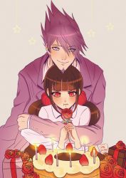 Rule 34 | 1boy, 1girl, absurdres, alternate costume, artist name, beard, blush, box, brown hair, cake, chin rest, collared shirt, commentary, danganronpa (series), danganronpa v3: killing harmony, facial hair, flower, food, fruit, gift, gift box, hair ornament, hair scrunchie, harukawa maki, head on head, highres, holding, holding flower, hug, hug from behind, jacket, low twintails, missarilicious, mole, mole under eye, momota kaito, pink eyes, pink hair, pink jacket, pout, red flower, red rose, red scrunchie, rose, scrunchie, shirt, smile, spiked hair, strawberry, symbol-only commentary, twintails, white shirt