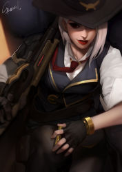 Rule 34 | 1girl, ammunition, ashe (overwatch), breasts, cowboy hat, fingerless gloves, gloves, gun, hat, highres, holding, lipstick, makeup, mole, mole above mouth, necktie, overwatch, overwatch 1, red eyes, red lips, short hair, solo, sparrowl, weapon, white hair