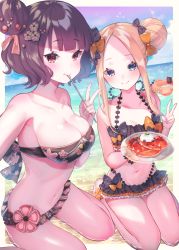 Rule 34 | 2girls, abigail williams (fate), bad id, beach, bikini, bikini skirt, black bow, black hair, blonde hair, blue eyes, blush, bow, breasts, cleavage, cloud, collarbone, commentary request, day, fate/grand order, fate (series), flower, food, hair bow, hair bun, hair flower, hair ornament, holding, holding plate, innertube, katsushika hokusai (fate), katsushika hokusai (painting summer) (fate), large breasts, long hair, looking at viewer, multiple girls, octopus, official alternate costume, orange bow, outdoors, parted bangs, plate, polka dot, polka dot bow, purple eyes, purple hair, short hair, single hair bun, small breasts, smile, strapless, strapless bikini, suzuho hotaru, swim ring, swimsuit, tokitarou (fate), v, water