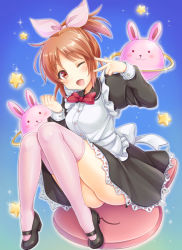Rule 34 | 10s, 1girl, ;d, abe nana, brown hair, courreges ace, gradient background, idolmaster, idolmaster cinderella girls, looking at viewer, mary janes, one eye closed, open mouth, pink thighhighs, ponytail, red eyes, shoes, smile, solo, star (symbol), thighhighs, v, wink