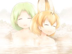 Rule 34 | 2girls, :3, :d, ^ ^, animal ears, bathing, blonde hair, breasts, closed eyes, closed mouth, collarbone, commentary, commentary request, extra ears, facing viewer, green hair, hair between eyes, kemono friends, large breasts, mirai (kemono friends), multiple girls, navel, nipples, nude, onsen, open mouth, outdoors, parted hair, partially submerged, rock, serval (kemono friends), shirosato, short hair, small breasts, smile, split mouth, steam, symbol-only commentary, water