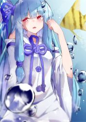 Rule 34 | 1girl, air bubble, angelfish, bare shoulders, blue hair, bubble, detached sleeves, dress, fish, hair ornament, hair ribbon, highres, kotonoha aoi, open mouth, penpeke, red eyes, ribbon, solo, tropical fish, underwater, voiceroid