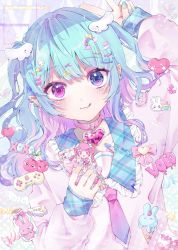 Rule 34 | 2girls, :q, arm up, balloon, blue eyes, blue hair, blue nails, blush, chibana sora, closed mouth, commentary, food, hand up, heart balloon, heterochromia, highres, ice cream, mini person, minigirl, multiple girls, nail polish, necktie, original, pink eyes, pink shirt, plaid, plaid sailor collar, purple necktie, sailor collar, shirt, sleeves past wrists, symbol-only commentary, tongue, tongue out, two side up, v