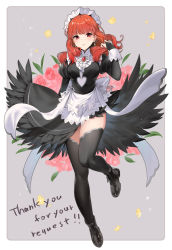 Rule 34 | 1girl, apron, bridal gauntlets, brooch, celica (fire emblem), fire emblem, fire emblem echoes: shadows of valentia, flower, haru (nakajou-28), jewelry, leg up, long hair, looking at viewer, maid, maid apron, maid headdress, nintendo, red hair, rose, signature, solo, thighhighs, thighs, wrist cuffs