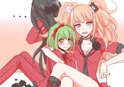 Rule 34 | 2girls, age difference, alternate costume, arm around another, arm around shoulder, bear hair ornament, black choker, black flower, black footwear, black hair, black rose, blonde hair, blue eyes, blush, bow, breasts, calf boots, child, choker, cleavage, closed mouth, collarbone, crossed legs, cuddling, danganronpa: trigger happy havoc, danganronpa (series), danganronpa another episode: ultra despair girls, ears, enoshima junko, flower, gradient background, green eyes, green hair, hair bow, hair ornament, hair ribbon, hairband, headband, leari (leariqa), looking at viewer, lower teeth only, multiple girls, bowtie, neck ribbon, open mouth, panties, peach background, red bow, red hairband, red headband, red headwear, red panties, red ribbon, red shirt, ribbon, rose, shirt, simple background, smile, teeth, thighhighs, towa monaca, twintails, underwear, upper body, upper teeth only, white background, yuri