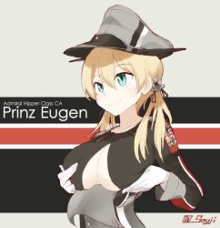 Rule 34 | 10s, 1girl, anchor hair ornament, bad id, bad twitter id, blonde hair, breast hold, breasts, cleavage cutout, clothing cutout, gloves, green eyes, hair ornament, hat, kantai collection, prinz eugen (kancolle), shigino sohuzi, smile, solo, twintails, white gloves