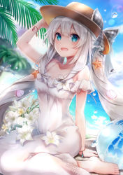 Rule 34 | 1girl, :d, arm support, ball, barefoot, beachball, blue eyes, blue sky, bow, bracelet, breasts, cleavage, collarbone, day, dress, fate/grand order, fate (series), floating hair, flower, frilled bow, frills, grey bow, hair between eyes, hair bow, hand on headwear, hat, hibiscus, hishima0425, jewelry, long dress, long hair, marie antoinette (fate), marie antoinette (swimsuit caster) (second ascension) (fate), medium breasts, ocean, open mouth, outdoors, silver hair, sitting, sky, sleeveless, sleeveless dress, smile, solo, sun hat, very long hair, white dress, white flower