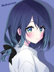 Rule 34 | 1girl, black bow, blue background, blue eyes, blue hair, blush, bokutaaaa, bow, breasts, closed mouth, eyelashes, from side, hair bow, highres, kurokawa akane, long bangs, looking at viewer, looking to the side, low-tied medium hair, medium hair, oshi no ko, portrait, shadow, sidelocks, smile, solo, sweater, swept bangs, turning head, twitter username, white sweater