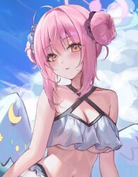 Rule 34 | 1girl, 1yu x, alternate hairstyle, angel wings, blue archive, cloud, cloudy sky, halo, highres, looking at viewer, medium hair, mika (blue archive), pink hair, sky, solo, white wings, wings, yellow eyes