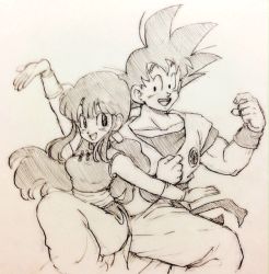 Rule 34 | 1boy, 1girl, :d, black eyes, chi-chi (dragon ball), chinese clothes, clenched hand, couple, dougi, dragon ball, eye contact, happy, leg up, long hair, looking at another, looking back, monochrome, open mouth, outstretched arms, ponytail, short hair, simple background, smile, son goku, spiked hair, tkgsize, wristband