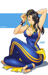 Rule 34 | 1girl, adjusting hair, arm up, armpits, breasts, capcom, chun-li, cleavage, covered erect nipples, darkereve, closed eyes, hair ribbon, highres, mouth hold, official alternate costume, ribbon, sitting, smile, solo, stirrup legwear, street fighter, street fighter zero (series), studded bracelet, toeless legwear, toes, unitard, wariza, yellow ribbon