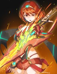 Rule 34 | 1girl, aegis sword (xenoblade), black gloves, breasts, chest jewel, earrings, fingerless gloves, gloves, highres, jewelry, large breasts, mutomorokoshi, pyra (xenoblade), red eyes, red hair, red shorts, red thighhighs, short hair, short shorts, shorts, solo, swept bangs, sword, thighhighs, tiara, weapon, xenoblade chronicles (series), xenoblade chronicles 2