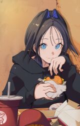 Rule 34 | 1girl, absurdres, alternate costume, black hair, black hoodie, blue eyes, blue hair, burger, colored inner hair, commentary, eating, english commentary, eyelashes, food, food on face, highres, holding, holding burger, holding food, hololive, hololive english, hood, hoodie, indoors, looking at viewer, multicolored hair, o22no, ouro kronii, pov across table, short hair, slit pupils, solo, virtual youtuber, wiping mouth