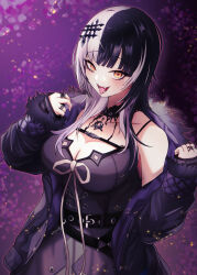 Rule 34 | 1girl, absurdres, black choker, black coat, black gloves, black hair, breasts, chest strap, choker, cleavage, coat, elbow gloves, fangs, fur-trimmed coat, fur trim, gloves, highres, hololive, hololive english, jewelry, kaiju ryoku, lace-trimmed choker, lace trim, large breasts, long hair, looking at viewer, multicolored hair, open mouth, ring, shiori novella, shiori novella (1st costume), solo, split-color hair, striped clothes, striped gloves, tongue, tongue out, virtual youtuber, white hair, yellow eyes