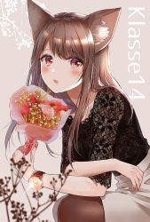 Rule 34 | 1girl, animal ears, black shirt, blush, bouquet, brown background, brown hair, brown pantyhose, commentary request, flower, fox ears, grey skirt, holding, holding bouquet, leaning forward, long hair, looking at viewer, myusha, original, pantyhose, parted lips, pink flower, red eyes, red flower, shirt, short sleeves, sitting, skirt, solo, watch, wristwatch